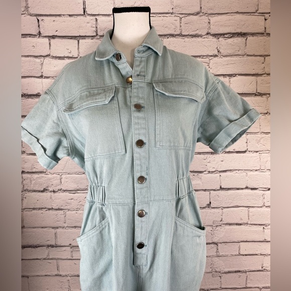 Listicle Mint Green Denim Jumpsuit Romper Playsuit size Medium - Picture 2 of 10